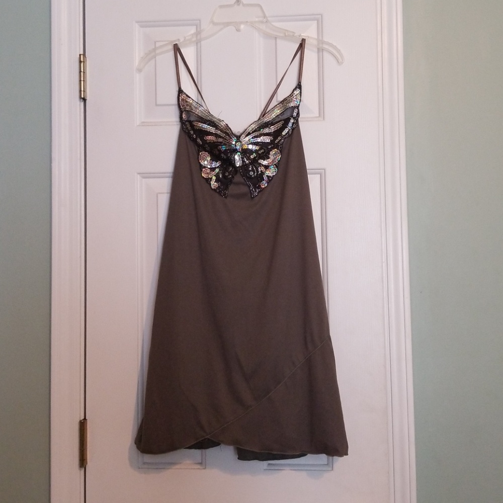 Women's Green Shirt Tank Top Butterfly Sequin